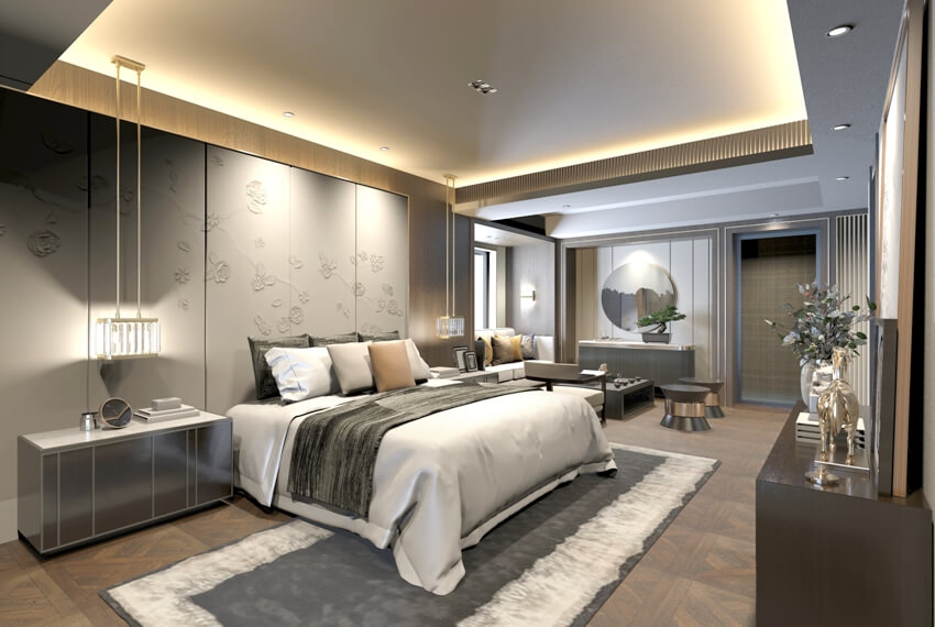 Modern master suite with luxury furniture