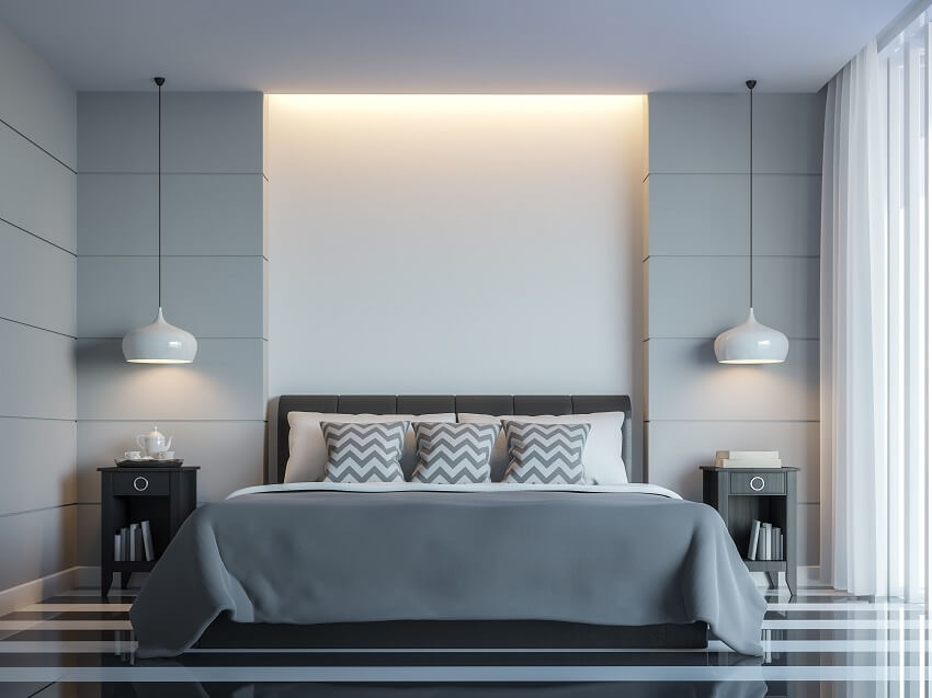 Modern white bedroom minimal style with grey color and white empty wall and hidden light on wall
