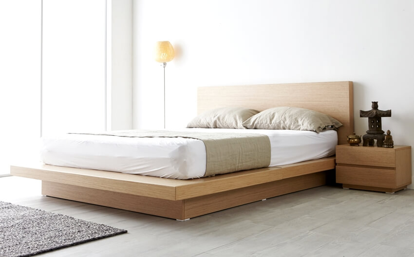 Modern zen type bedroom with wooden platform bed and bedside table