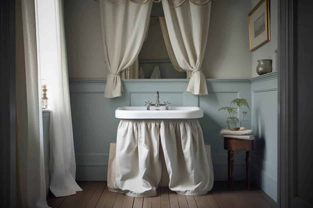 Sink with curtains and cloth baskets