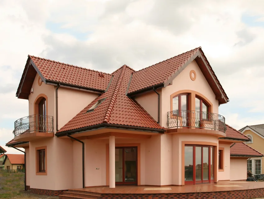 Red house exterior double pitched roof