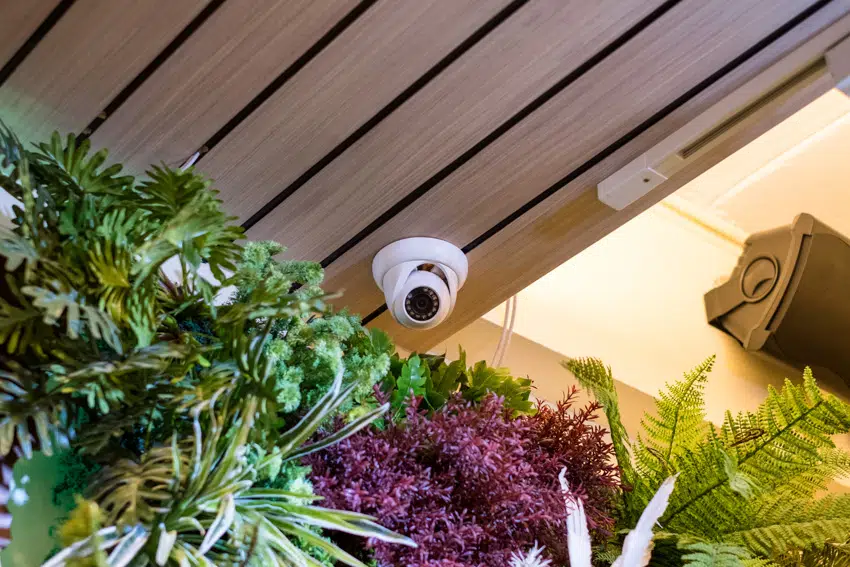 Security camera mounted on wooden ceiling