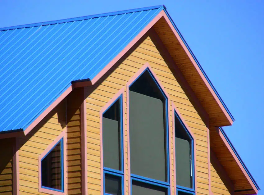 Steep pitched metal blue roof