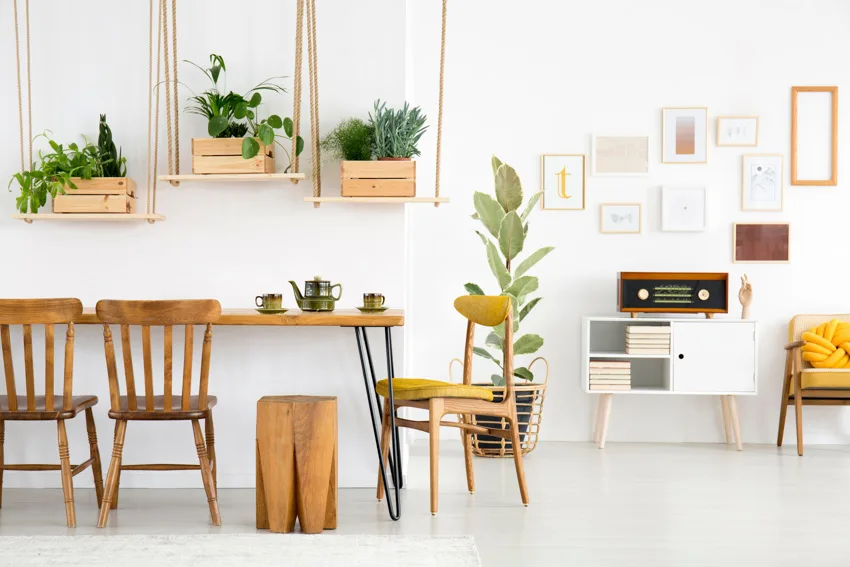 Table created with hairpin legs modern and bright kitchen and indoor plants