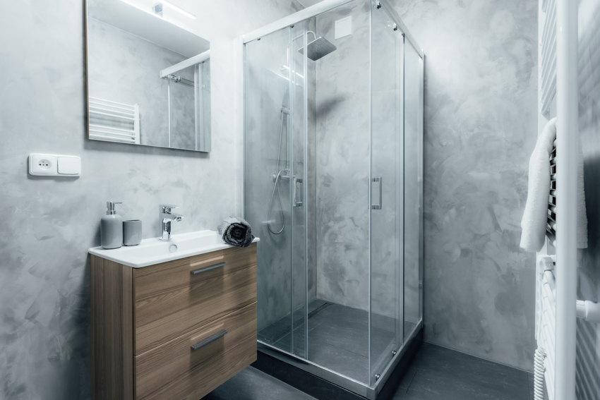 Bathroom shower with textured walls