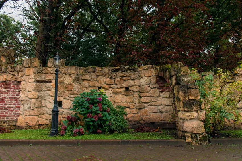 Tall stone wall covering backyard or garden