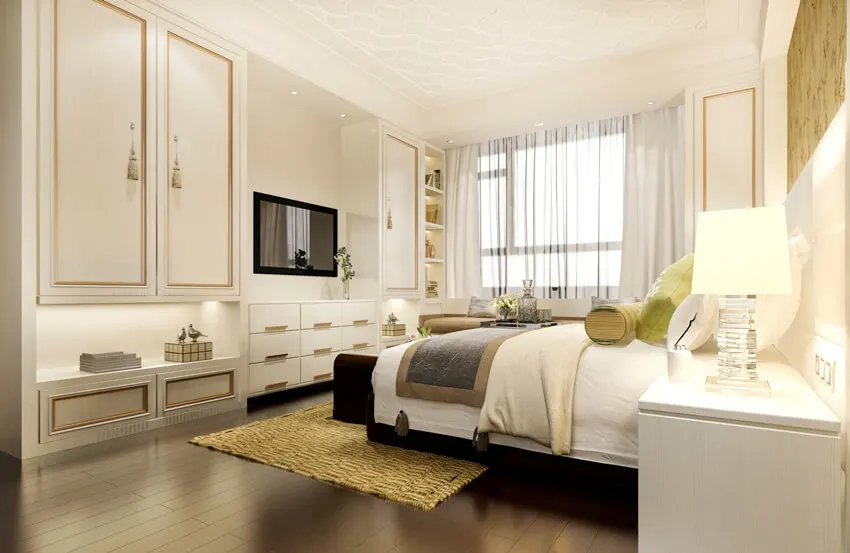Warm luxury classic bedroom suite tv with wardrobe and closet