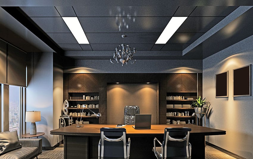Black and gray home office with black false ceiling accent lighting craftsman chandelier