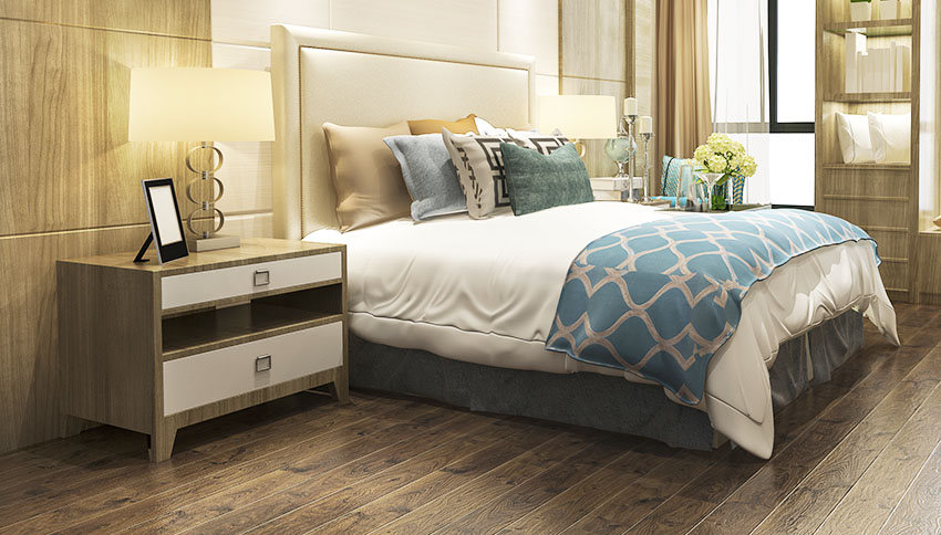 Elegant bedroom with king sized bed nightstand modern lampshade wooden floor
