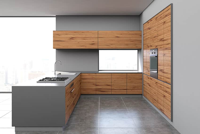 Modern kitchen with dark gray and brown paint and wall mounted oven