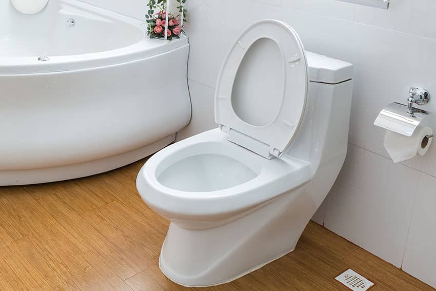 One piece toilet with brown tile floor stainless toilet paper holder