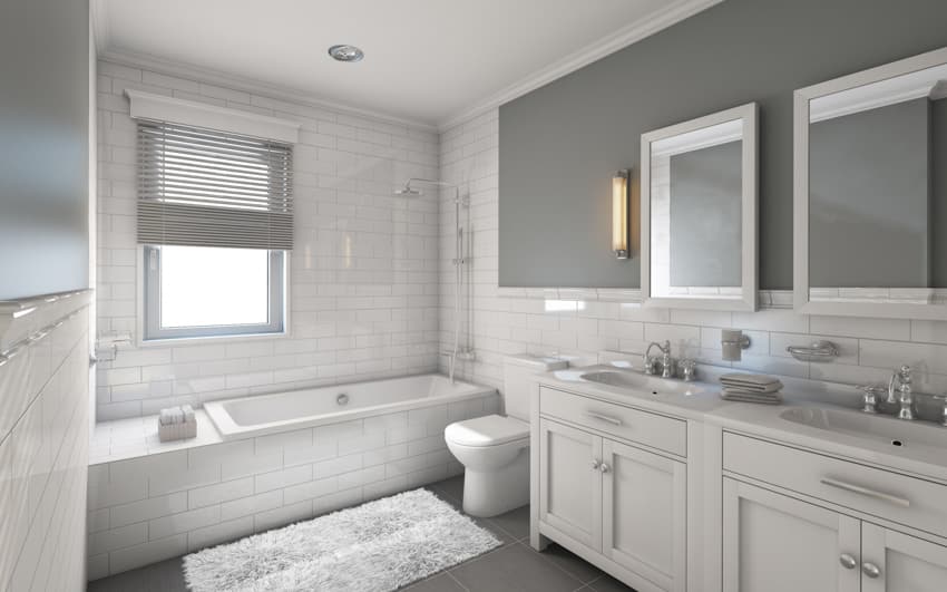 Bathroom with drop in tub gray wall window sink cabinet rug toilet