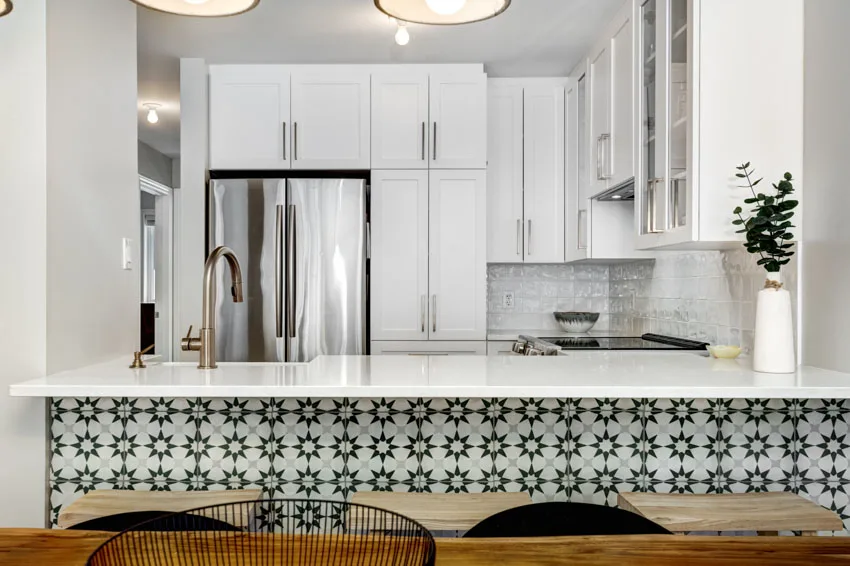 Beautiful galley kitchen white cabinets backsplash countertop center island sink