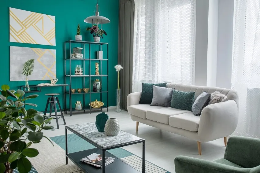 teal and beige living room decor