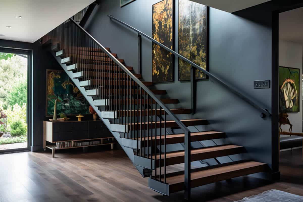 Navy blue railing on staircase