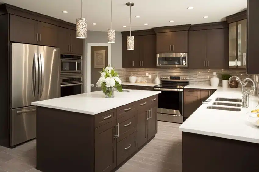 Contemporary kitchen design chocolate brown cabinets gray wall color quartz island