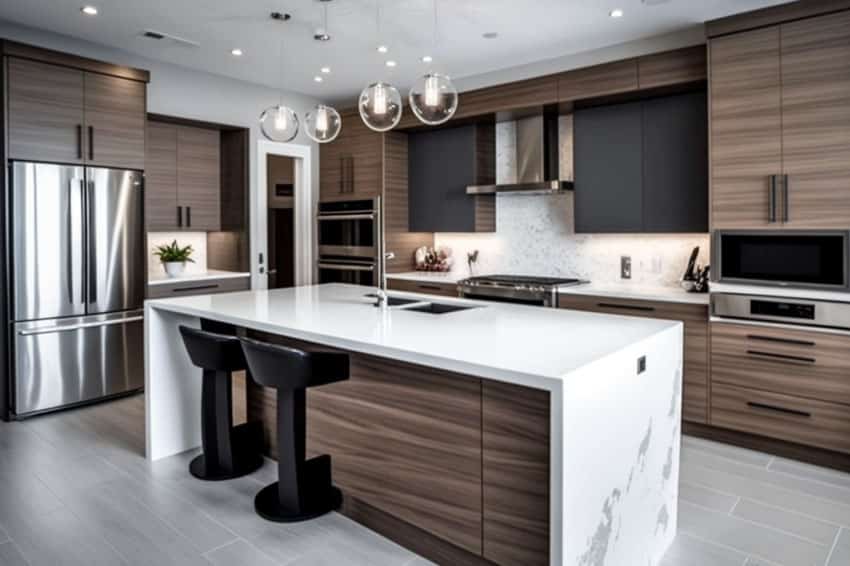 contemporary kitchen design,quartz island, wood grain cabinets, beige wall color