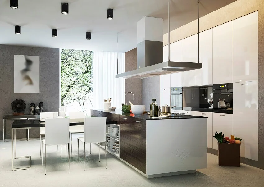 Contemporary style kitchen features open kitchen island with table and chair on the center