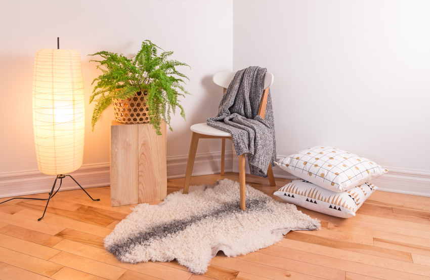 Corner space with wood floor rug indoor plant chair lamp