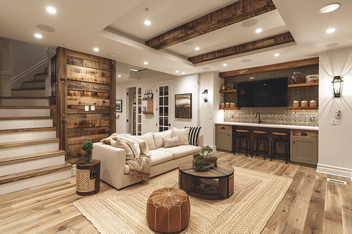 Finished basement design with wood wall built in bar and tray ceiling