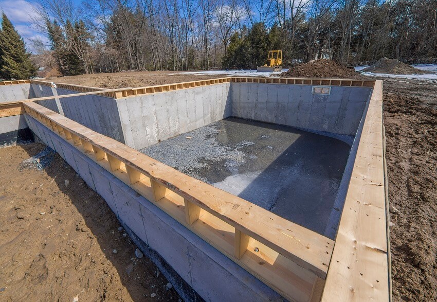 Full concrete basement foundation of a house