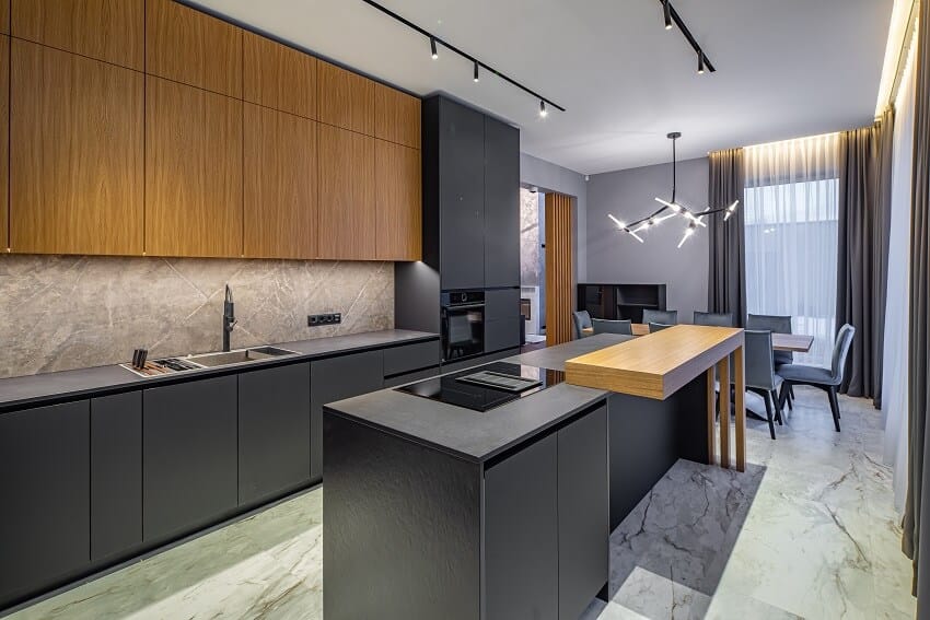 Grey and wooden modern kitchen design with marble floor and panorama windows