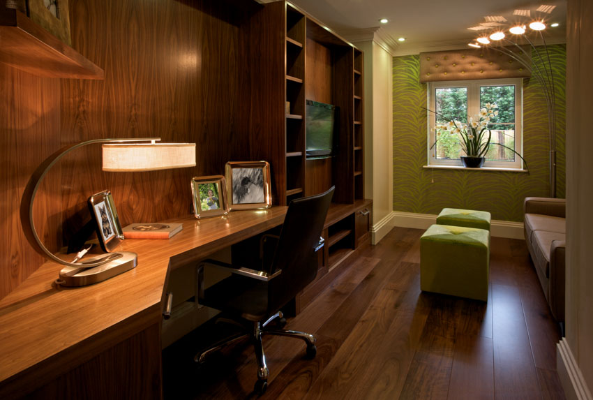 Home office lighting wood floor walls shelves chairs windows