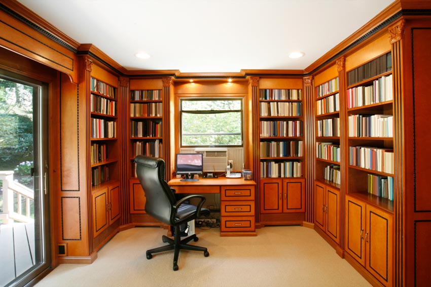Home office wood shelves cabinets glass windows chair computer