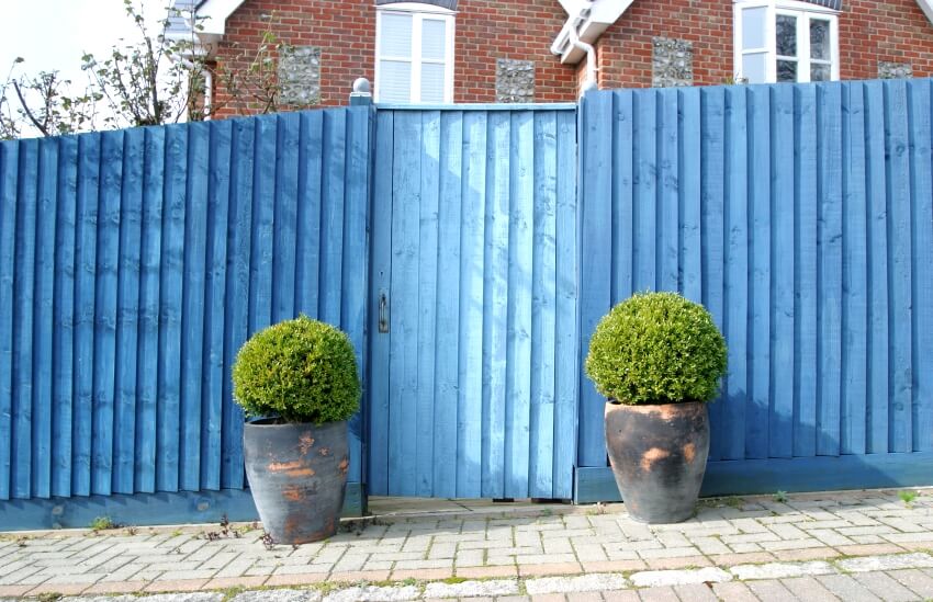 Horizontal shiplap fence with two potted plants outside 