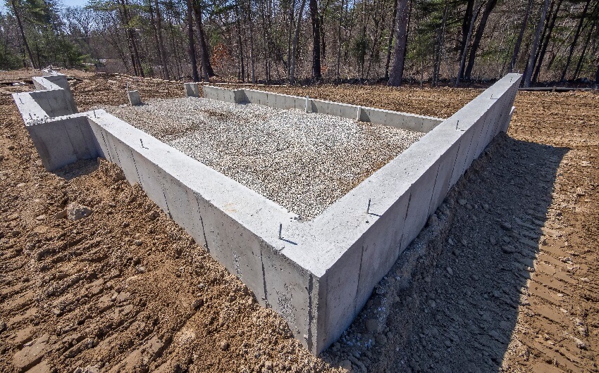 House foundation on a new construction site in the suburbs
