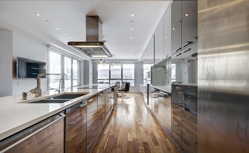 galley-style kitchen with wood floor