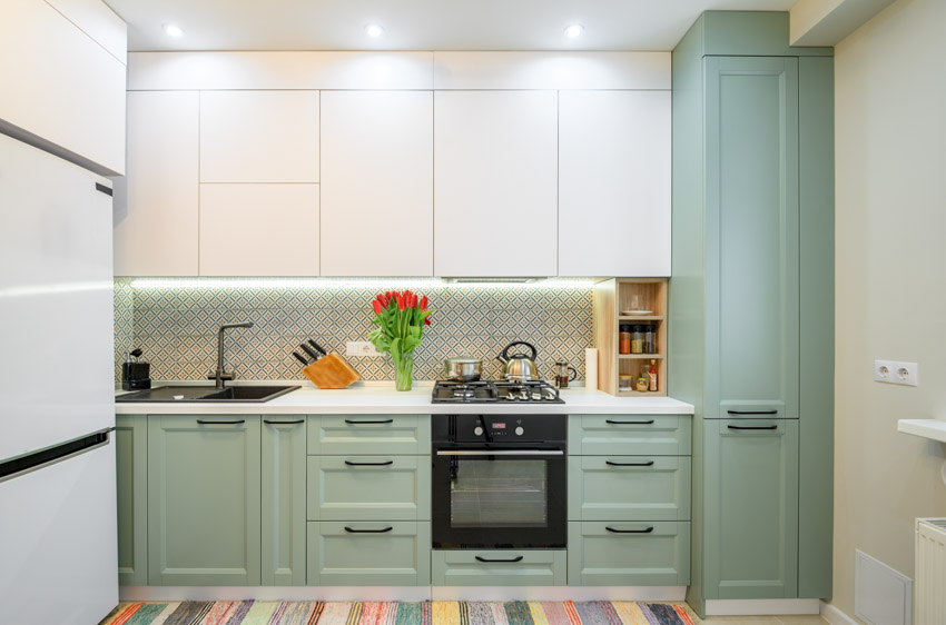 Kitchen with green and white cabinets 