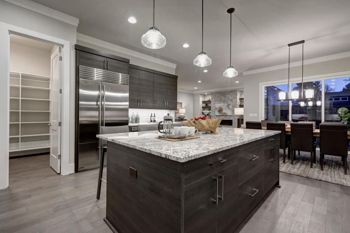 kitchen with pendant lighting and countertop
