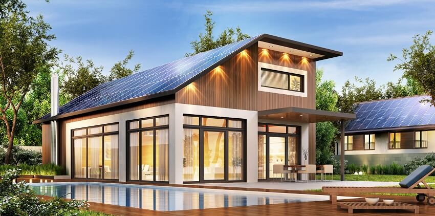 Large modern house with solar panels on the roof