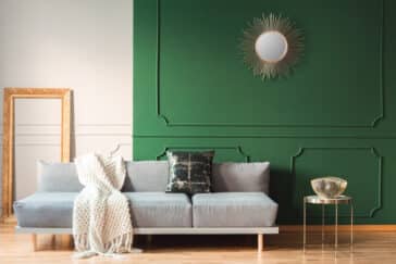 Living Room Gray Couch Green Accent Wall Mirror Wood Floor Cushion Frame Is 364x243 