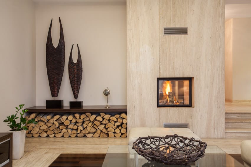 Living room travertine floor fireplace modern artwork indoor plant