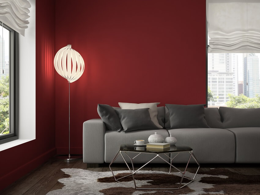 Living room with maroon wall behind grey sofa coffee table lamp shade large windows and carpet
