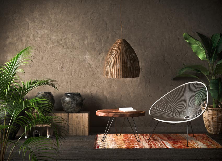 Living room with textured wall lamp shade chairs indoor plants rug