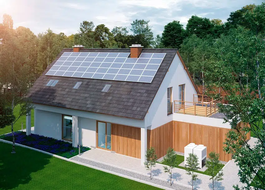 Low energy family barndominium home with solar cells off grid solar energy construction with green garden