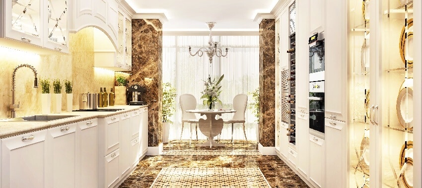 Luxury white kitchen with window and dining area