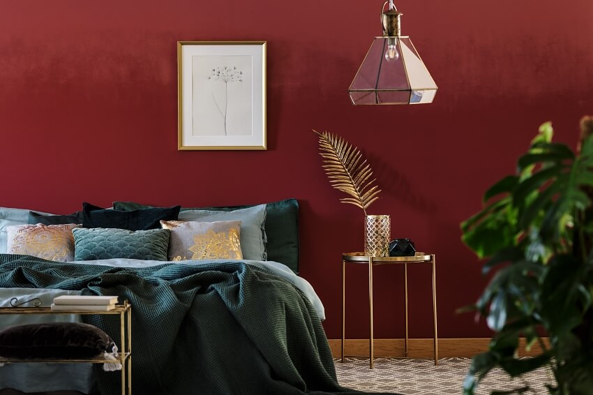 Maroon wall in bedroom with golden furniture plant bed with many cushions and green blanket