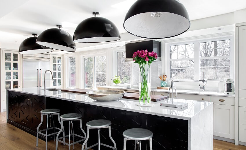 Modern black and white color kitchen with windows and overhead dome lighting