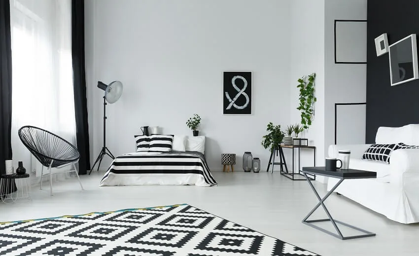 Modern black and white studio with bed
