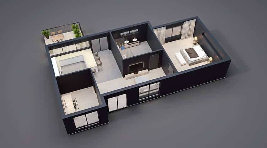 Modern interior barndominium design floor plan with black walls and furniture isometric perspective view