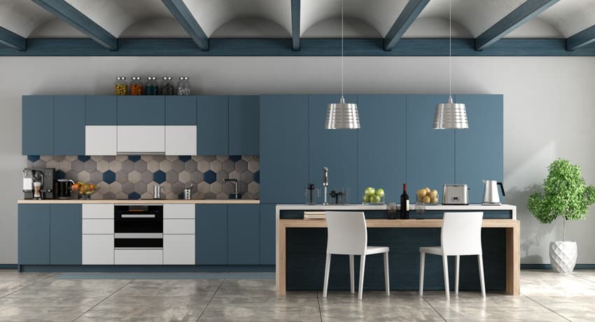 Modern kitchen blue exposed ceiling beams backsplash dining room hanging lights sink cabinets