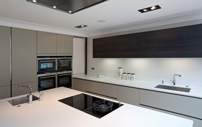 Modern kitchen with a large island glass hob & gas ring ovens cabinets and two sinks