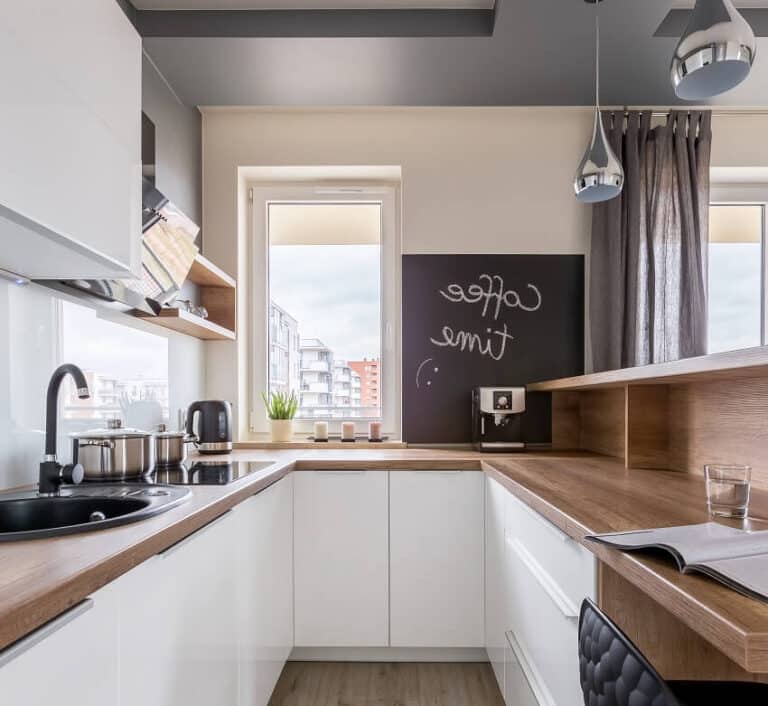 Modern Kitchen With Wooden Worktop White Unit And Blackboard Is 768x706 