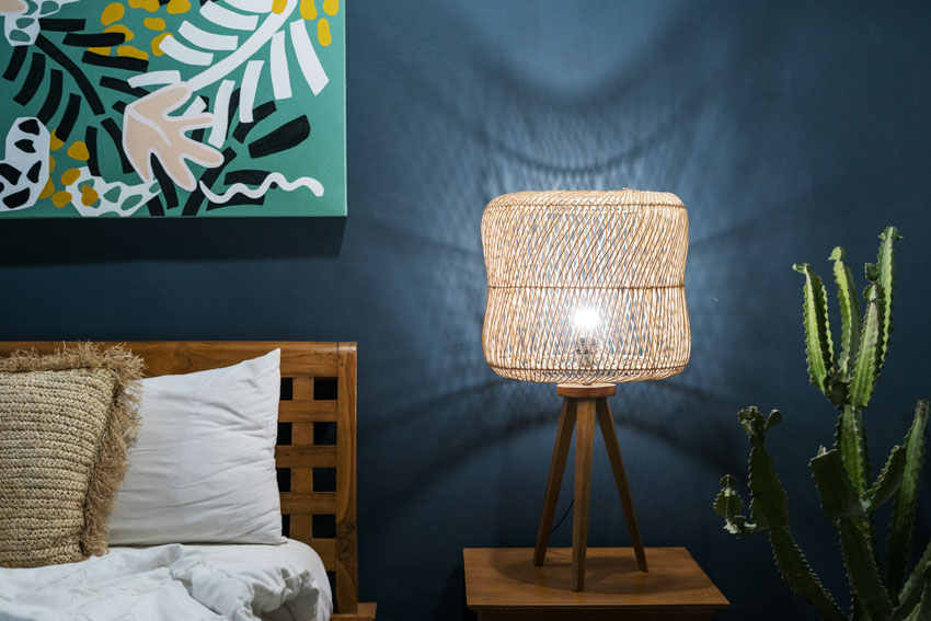Modern lamp with beautiful shade bedroom indoor plant blue wall bed