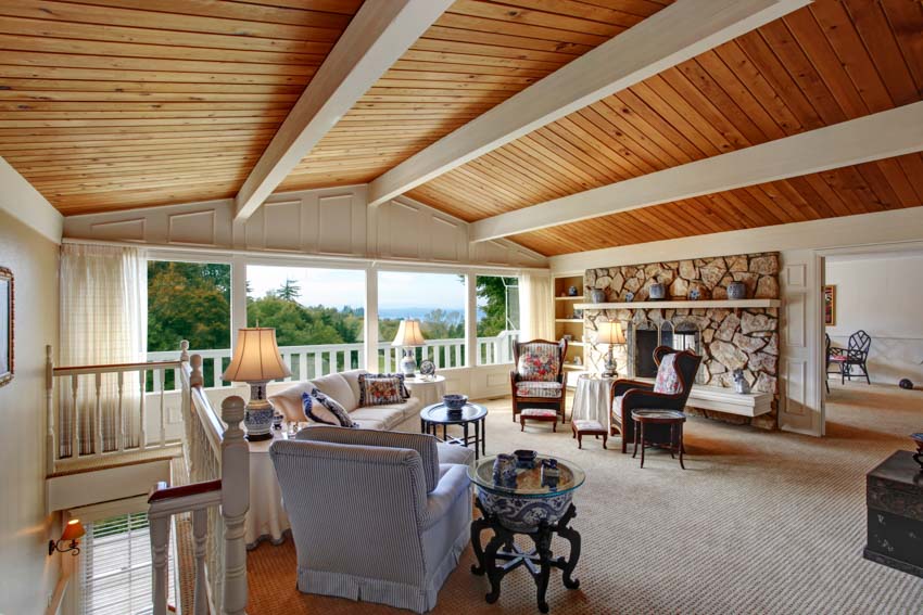 wood ceiling planks on pitched roof