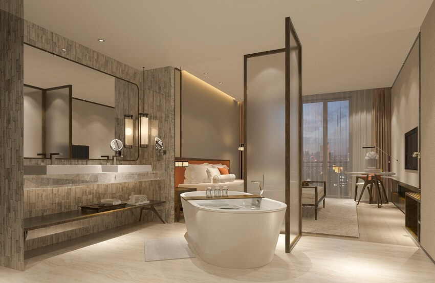 Modern luxury bedroom with wooden furnitures room divider and an ensuite bathroom with bathtub and a large vanity mirror